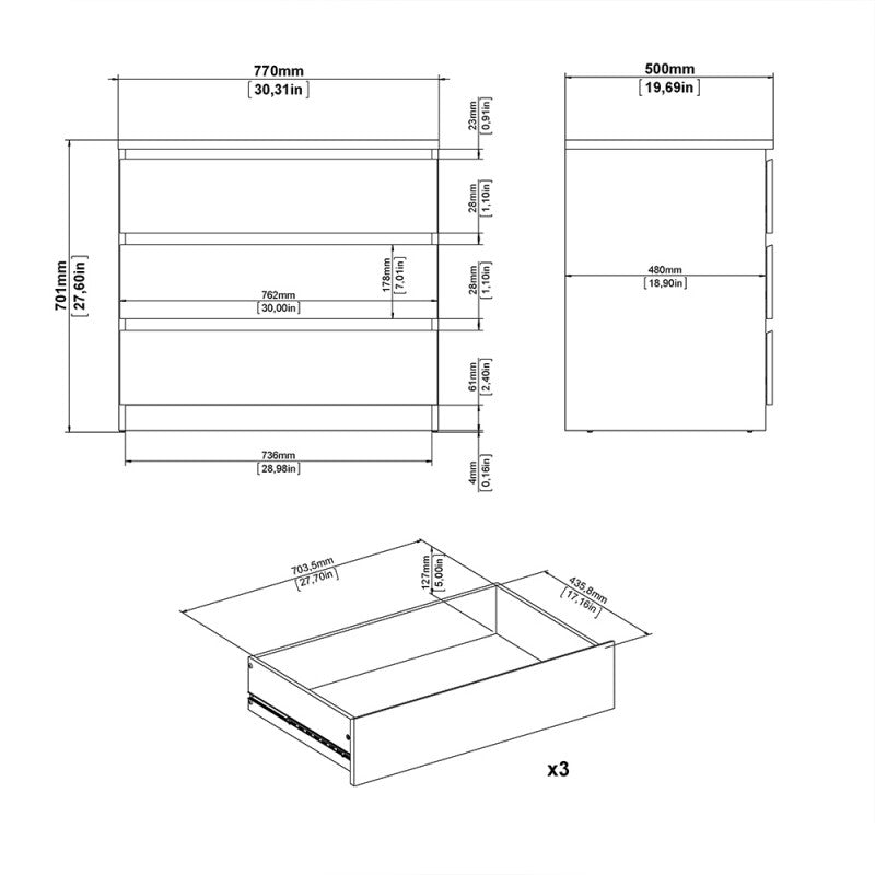 Naia Chest of 3 Drawer in Black Matt