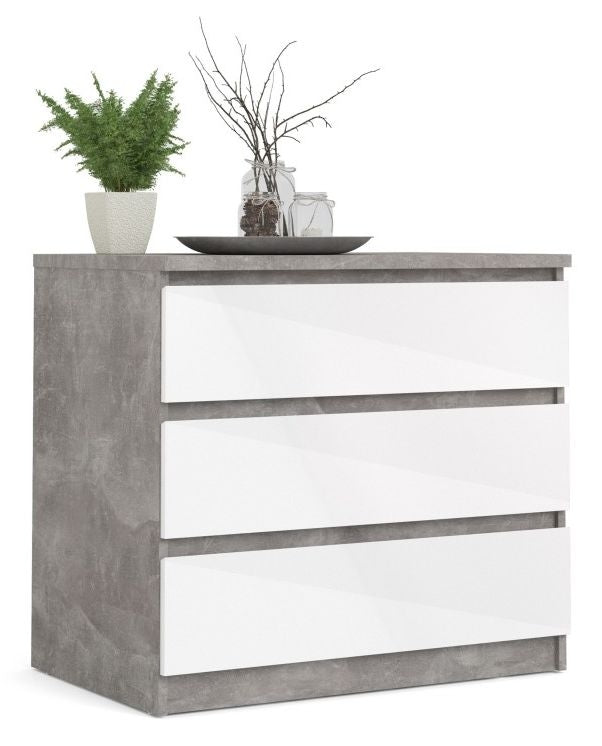 Naia Chest of 3 Drawer in Concrete and White High Gloss