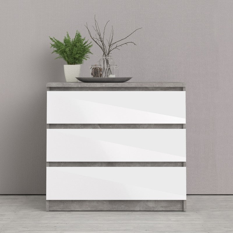 Naia Chest of 3 Drawer in Concrete and White High Gloss