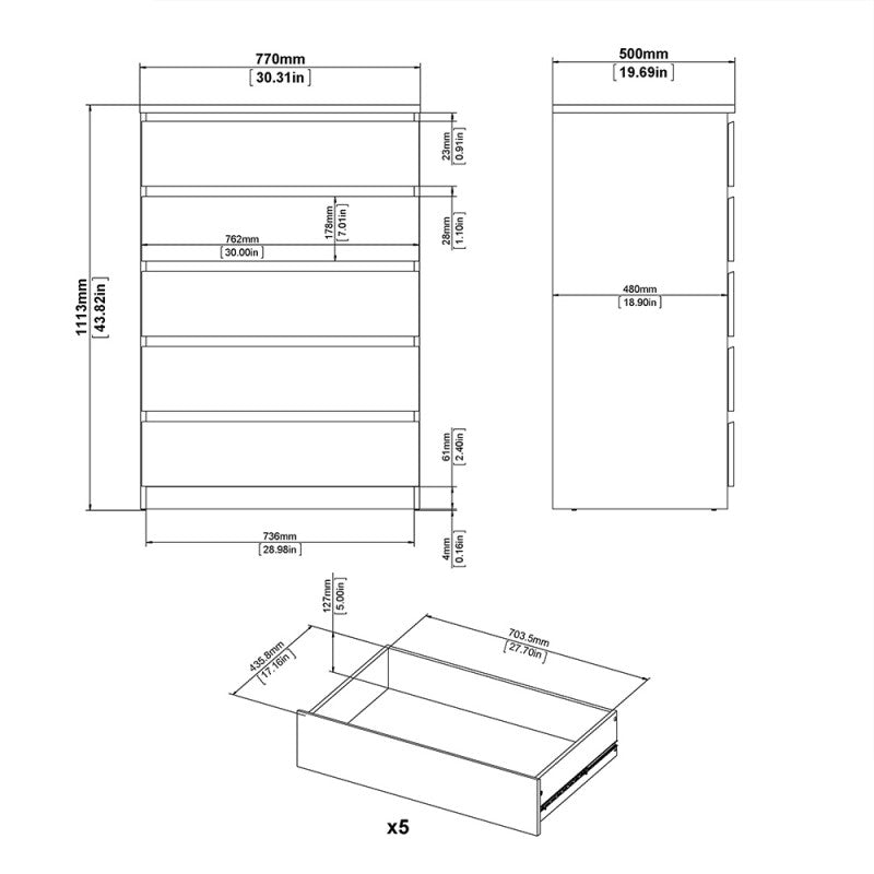 Naia Chest of 5 Drawer in White High Gloss