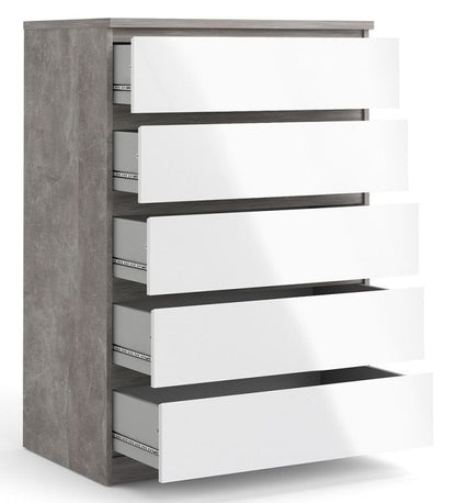 Naia Chest of 5 Drawer in Concrete and White High Gloss