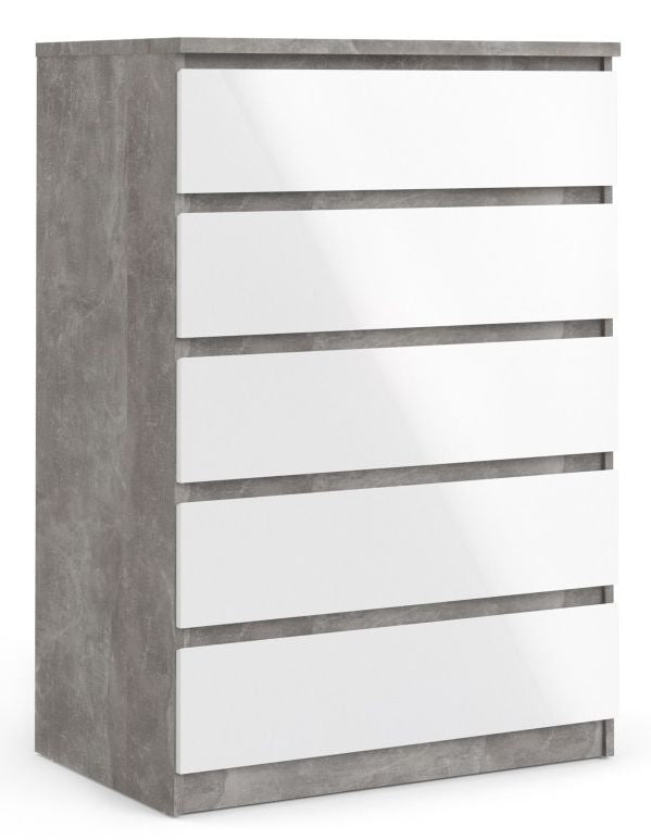 Naia Chest of 5 Drawer in Concrete and White High Gloss