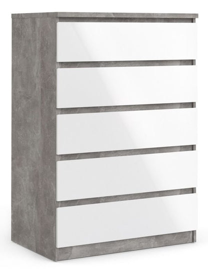 Naia Chest of 5 Drawer in Concrete and White High Gloss