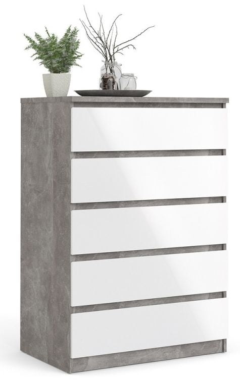 Naia Chest of 5 Drawer in Concrete and White High Gloss