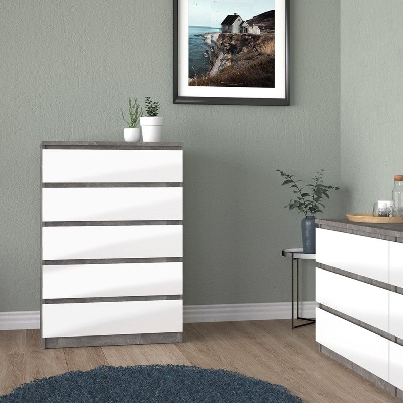 Naia Chest of 5 Drawer in Concrete and White High Gloss