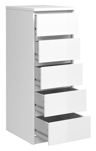 Naia Narrow Chest of 5 Drawer in White High Gloss