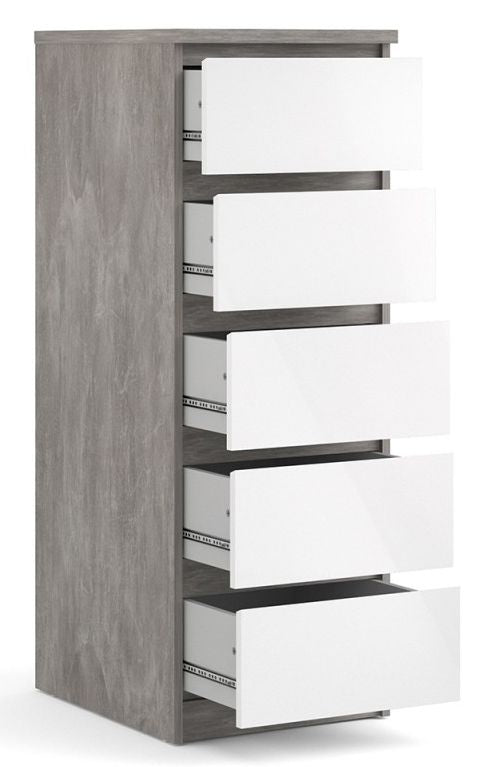 Naia Narrow Chest of 5 Drawer in Concrete and White High Gloss