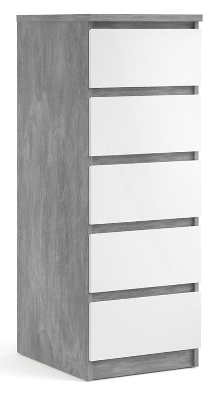 Naia Narrow Chest of 5 Drawer in Concrete and White High Gloss