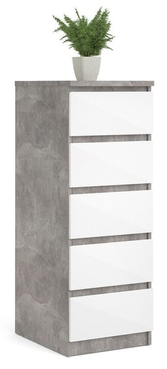 Naia Narrow Chest of 5 Drawer in Concrete and White High Gloss