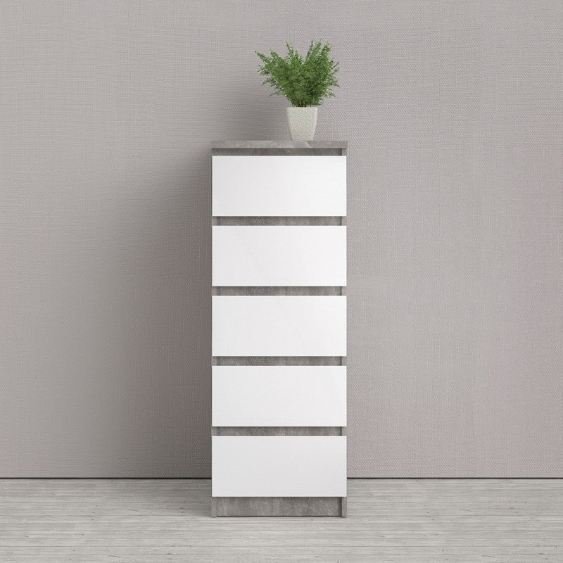 Naia Narrow Chest of 5 Drawer in Concrete and White High Gloss