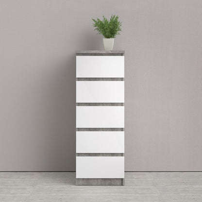 Naia Narrow Chest of 5 Drawer in Concrete and White High Gloss