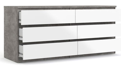 Naia Wide Chest of 6 Drawer in Concrete and White High Gloss