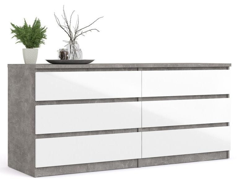 Naia Wide Chest of 6 Drawer in Concrete and White High Gloss