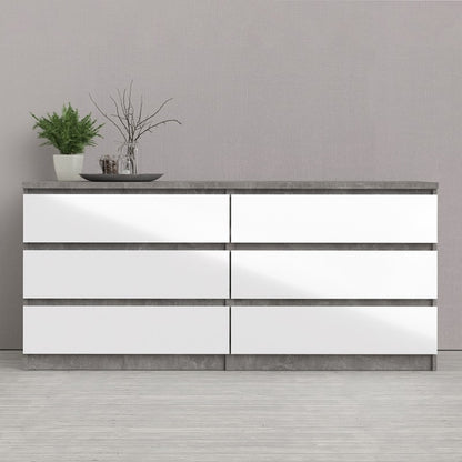 Naia Wide Chest of 6 Drawer in Concrete and White High Gloss