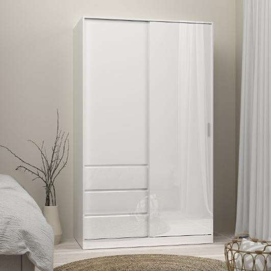 Naia Wardrobe with 1 Sliding Door 1 Door 3 Drawer in White High Gloss