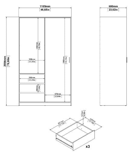 Naia Wardrobe with 1 Sliding Door 1 Door 3 Drawer in White High Gloss