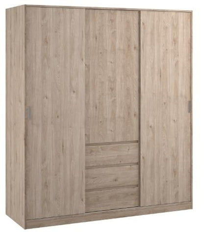 Naia Wardrobe with 2 Sliding Door 1 Door 3 Drawer in Hickory Oak