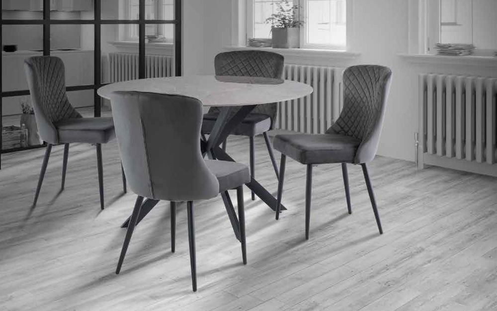 Talia 4 Seater Round Dining Table - Grey Sintered Stone Top with Black Powder Coated Legs