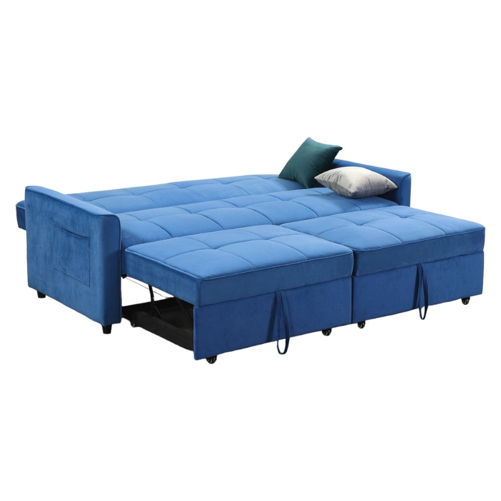 Elegance Blue Plush Velvet Fabric 3 Seater Sofabed