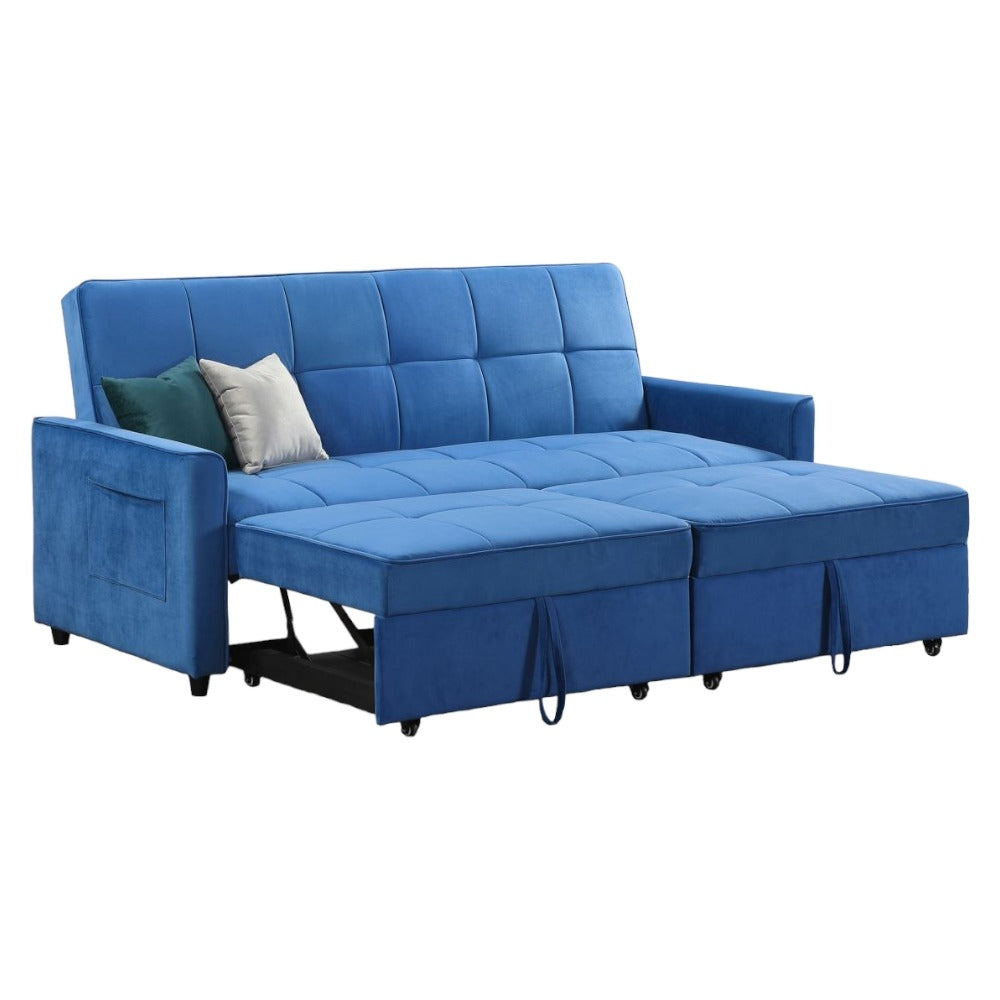 Elegance Blue Plush Velvet Fabric 3 Seater Sofabed