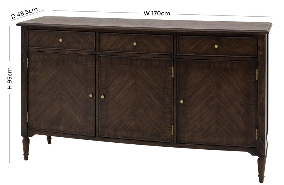 Madison Dark Coffee Wooden 170cm Large Sideboard - 3 Doors