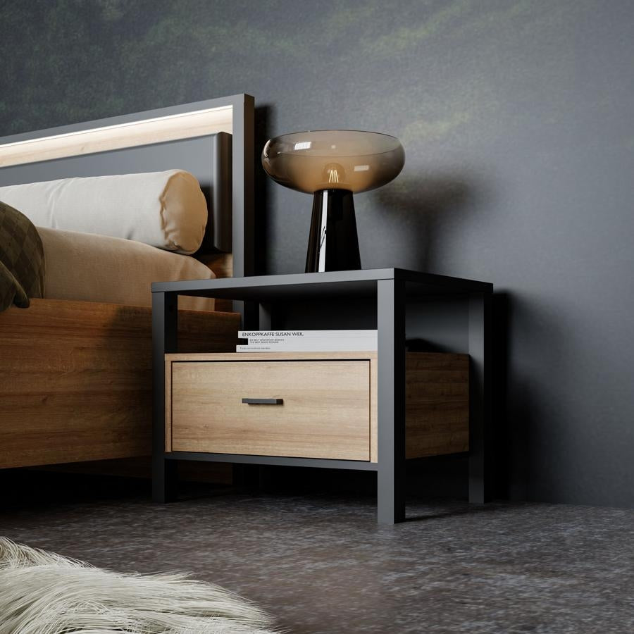 High Rock Matt Black and Riviera Oak Bedside