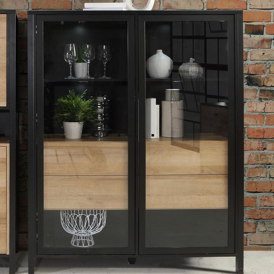 High Rock Matt Black and Riviera Oak Extra Wide Display Cabinet