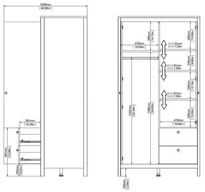 Barcelona 1 Mirror Door with 2 Drawer Wardrobe