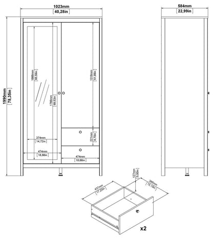 Barcelona 1 Mirror Door with 2 Drawer Wardrobe