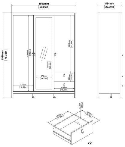 Barcelona 1 Mirror Door with 2 Drawer 2 Door Wardrobe