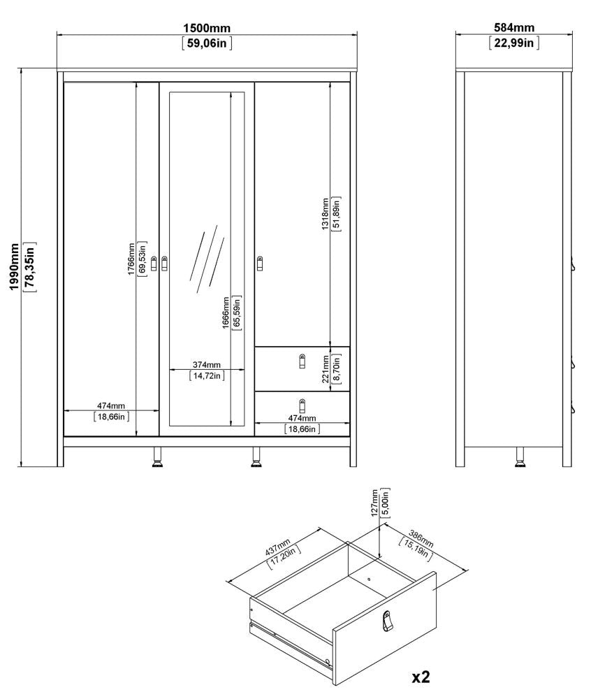 Madrid 2 Door 1 Mirror Door 2 Drawer Wardrobe