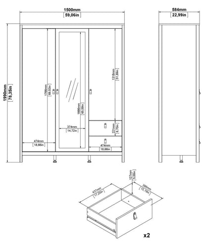 Madrid 2 Door 1 Mirror Door 2 Drawer Wardrobe