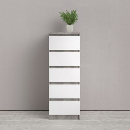 Naia Narrow Chest of 5 Drawer in White High Gloss