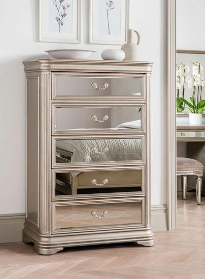 Vida Living Jessica Champagne Mirrored 5 Drawer Tall Chest