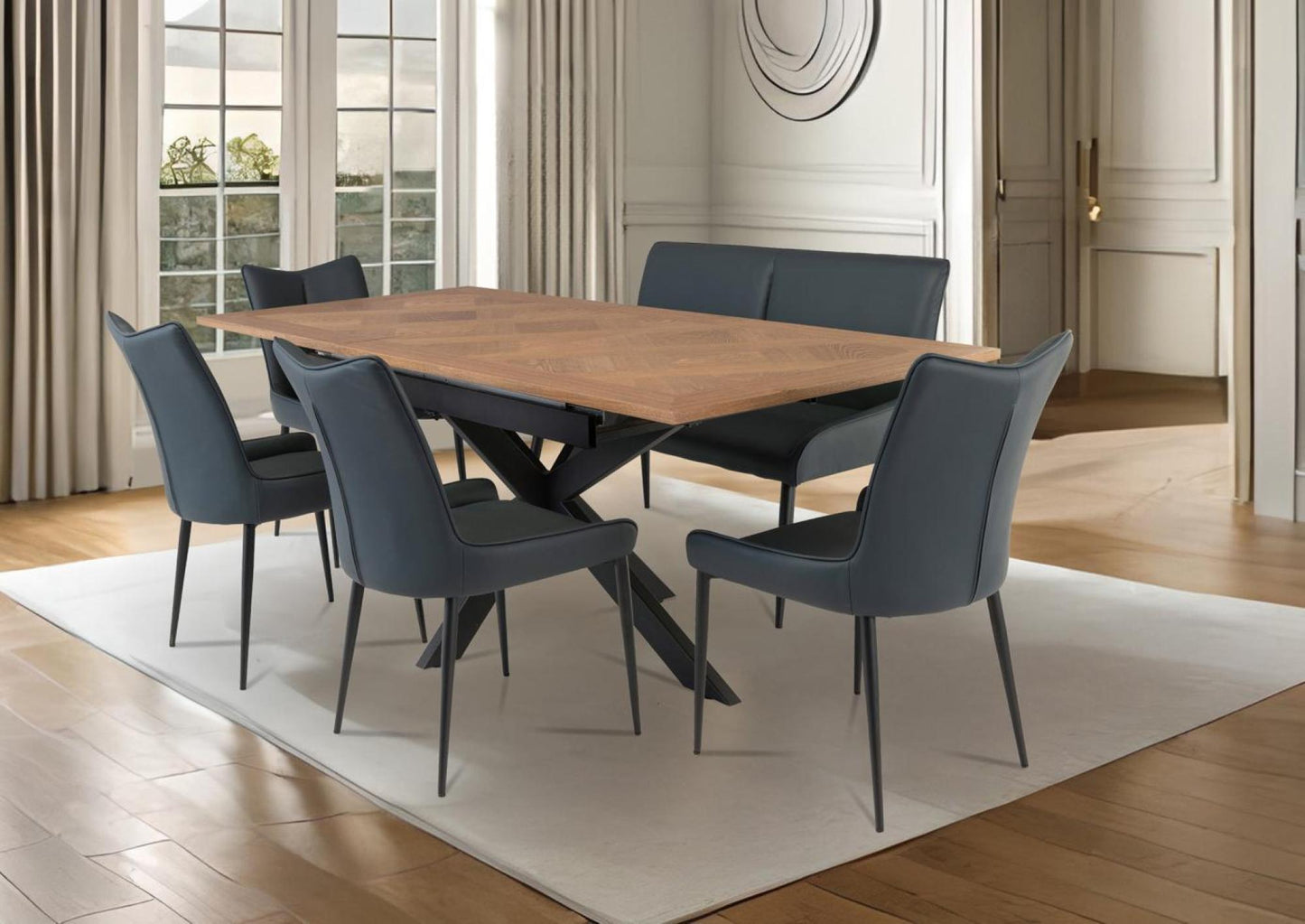 Payton 6 Seater Extending Dining Table Oak Veener with Black Powder Coated Steel X Frame Legs