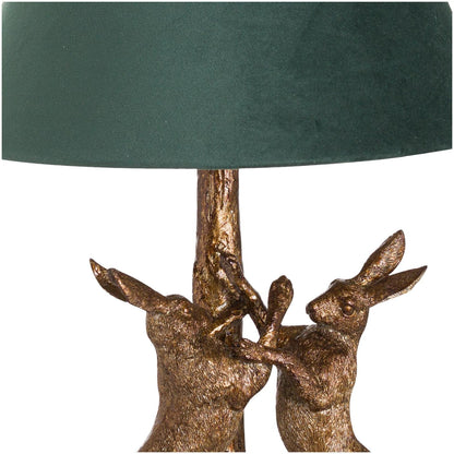 Gold Resin Antique Marching Hares Lamp with Green Velvet Shade