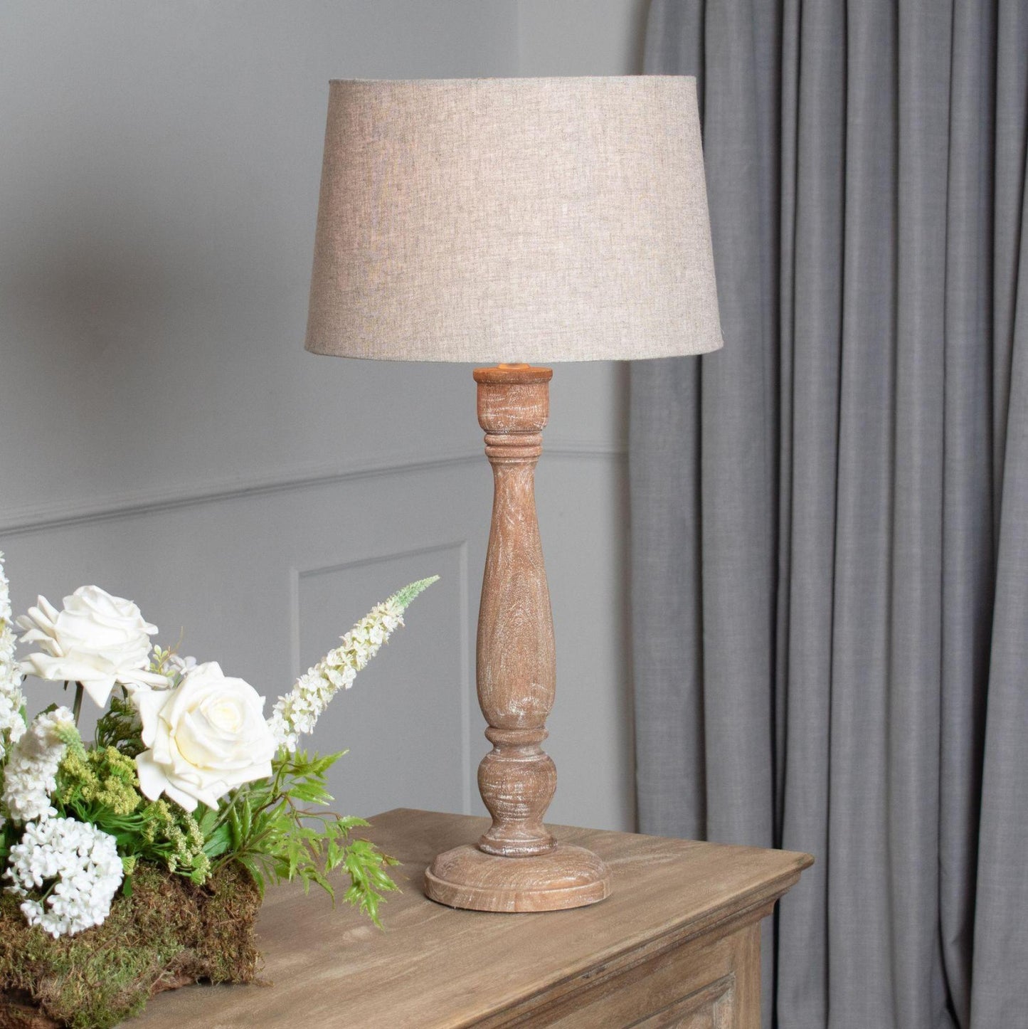 Delaney Wood Natural Wash Candlestick Lamp with Linen Shade