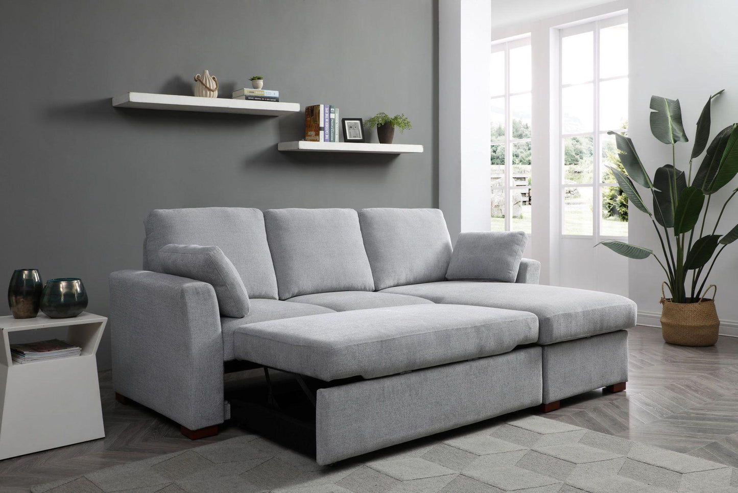 Sorrento Grey Fabric Corner Pull Out Sofa Bed with Storage