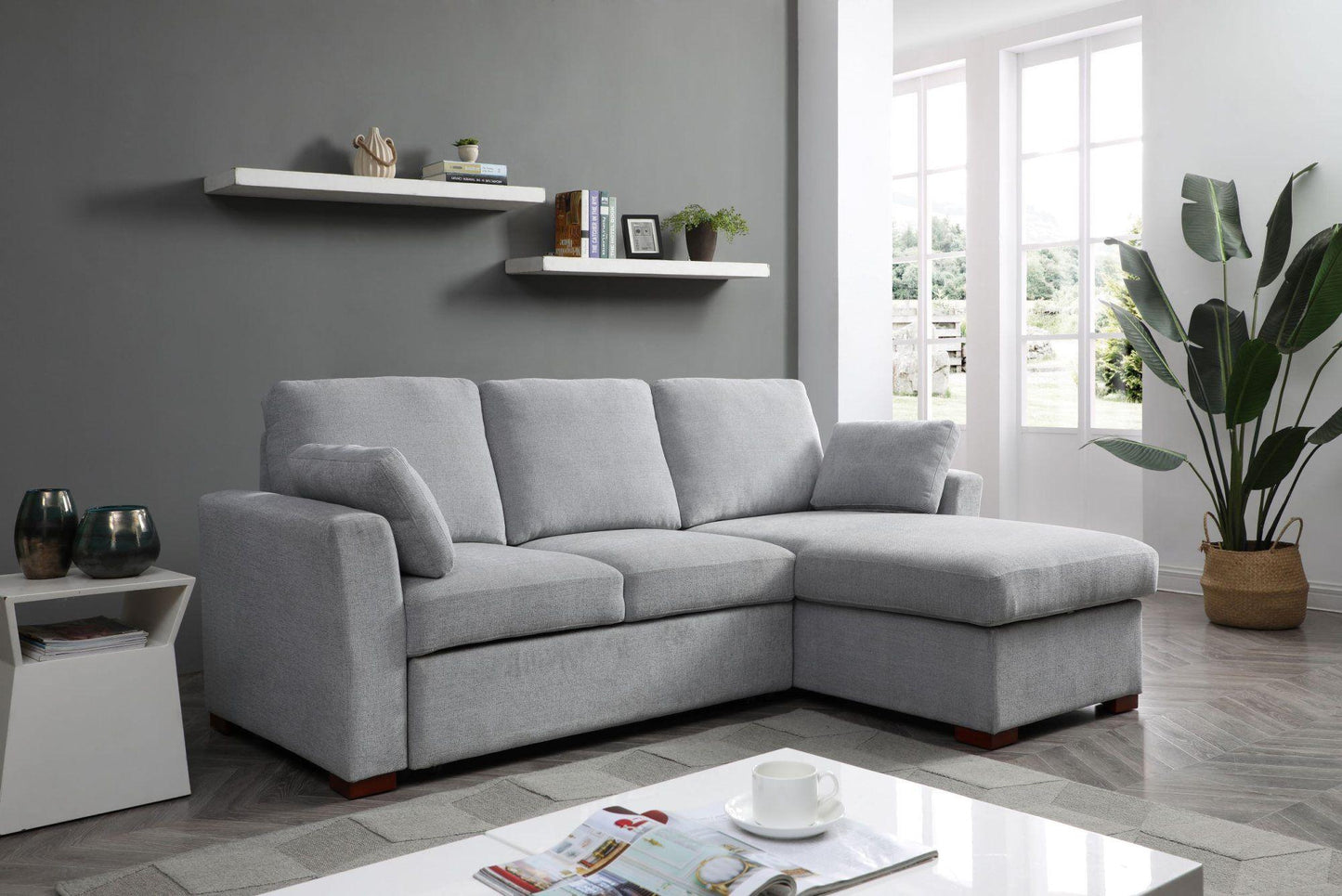 Sorrento Grey Fabric Corner Pull Out Sofa Bed with Storage