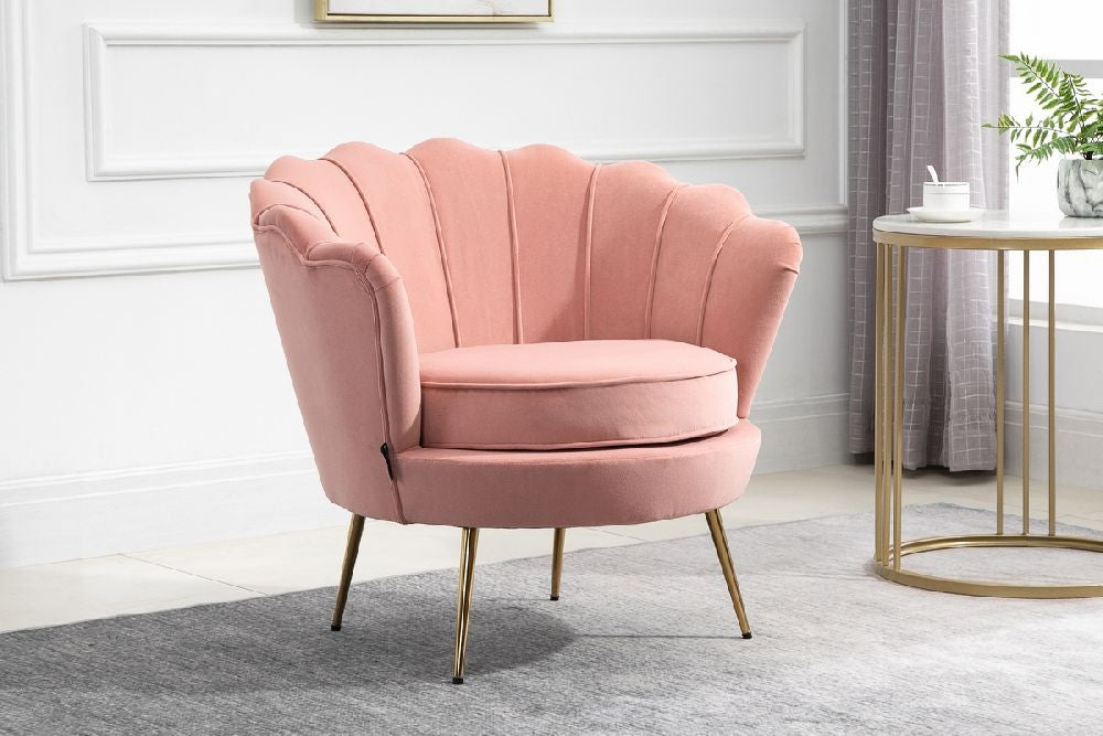 Ariel Coral Velvet Fabric Armchair with Gold Legs