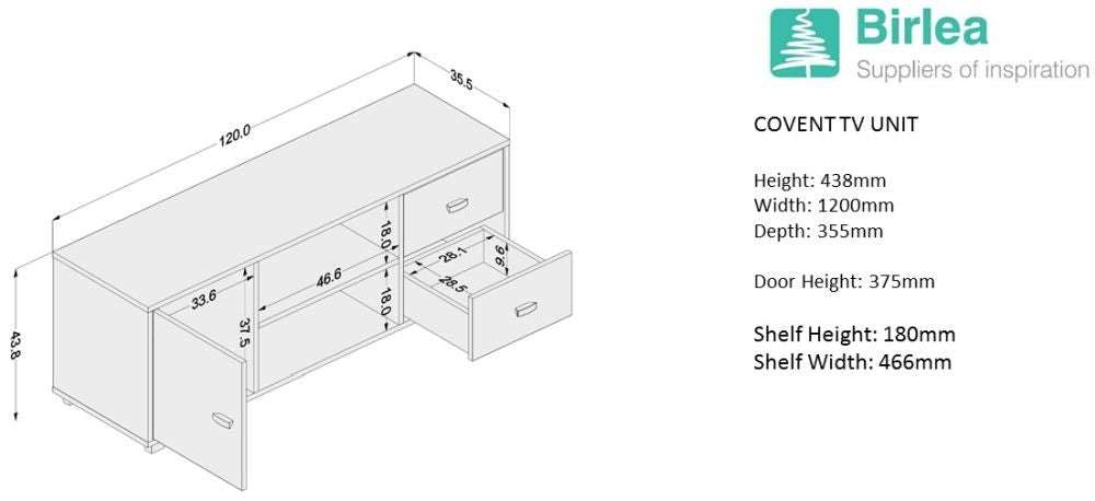 Covent 120cm White 1 Door TV Unit