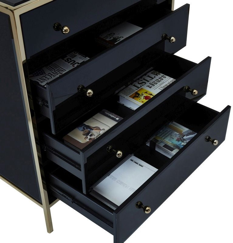 Fenwick Black Glass 4 Drawer Chest - Gold Trim