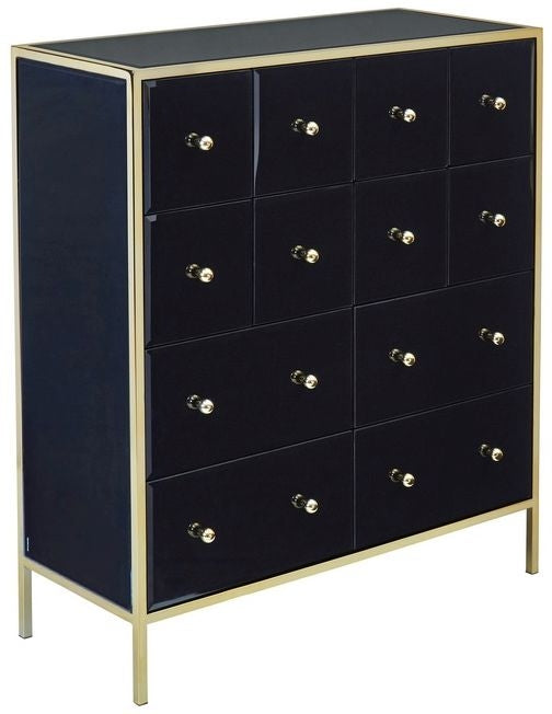 Fenwick Black Glass Multi Drawer Chest - Gold Trim