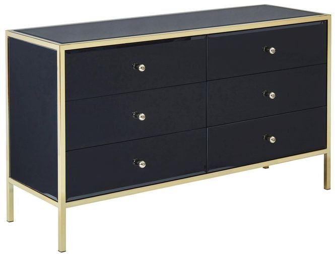 Fenwick Black Glass 6 Drawer Wide Chest - Gold Trim