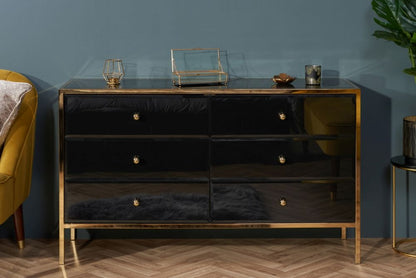 Fenwick Black Glass 6 Drawer Wide Chest - Gold Trim