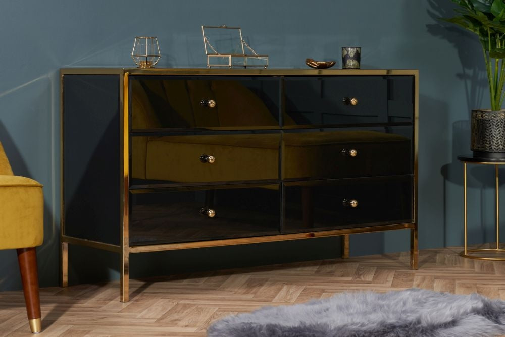 Fenwick Black Glass 6 Drawer Wide Chest - Gold Trim