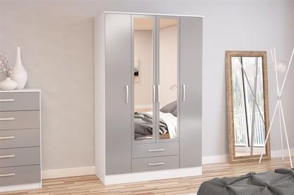 Lynx White and Grey 4 Door Mirrored Wardrobe - 2 Drawers