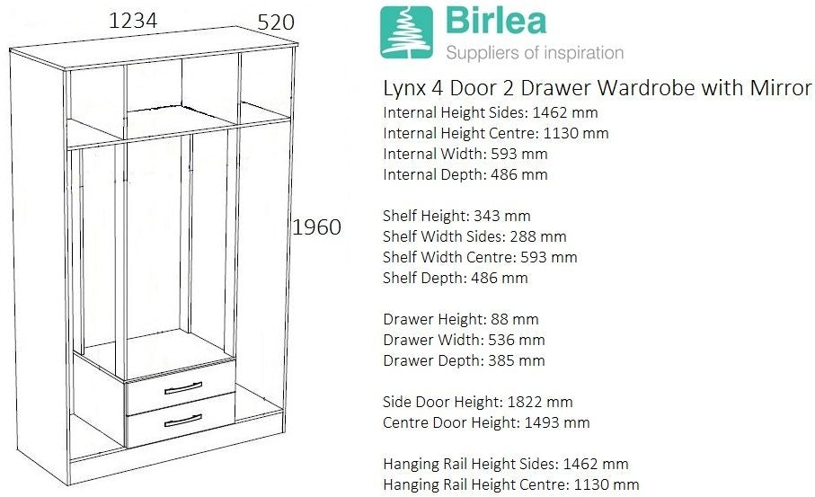 Lynx White and Grey 4 Door Mirrored Wardrobe - 2 Drawers