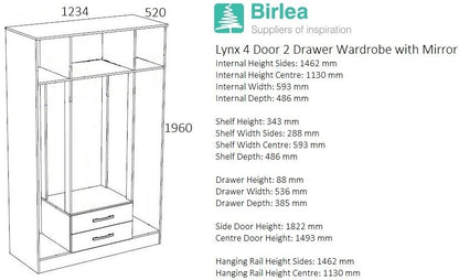 Lynx White and Grey 4 Door Mirrored Wardrobe - 2 Drawers