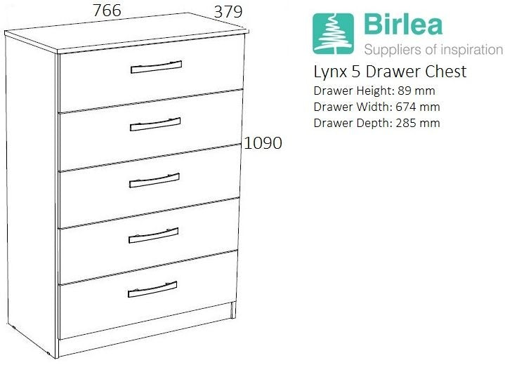 Lynx White and Grey Chest - 5 Drawers